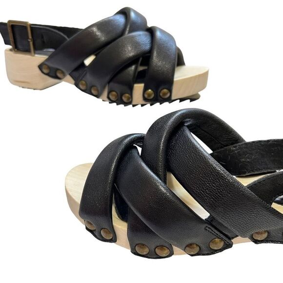 Kelsi Dagger Wood & Black Leather Sandals Sz 5.5 Brooklyn Grove Model - Picture 8 of 9